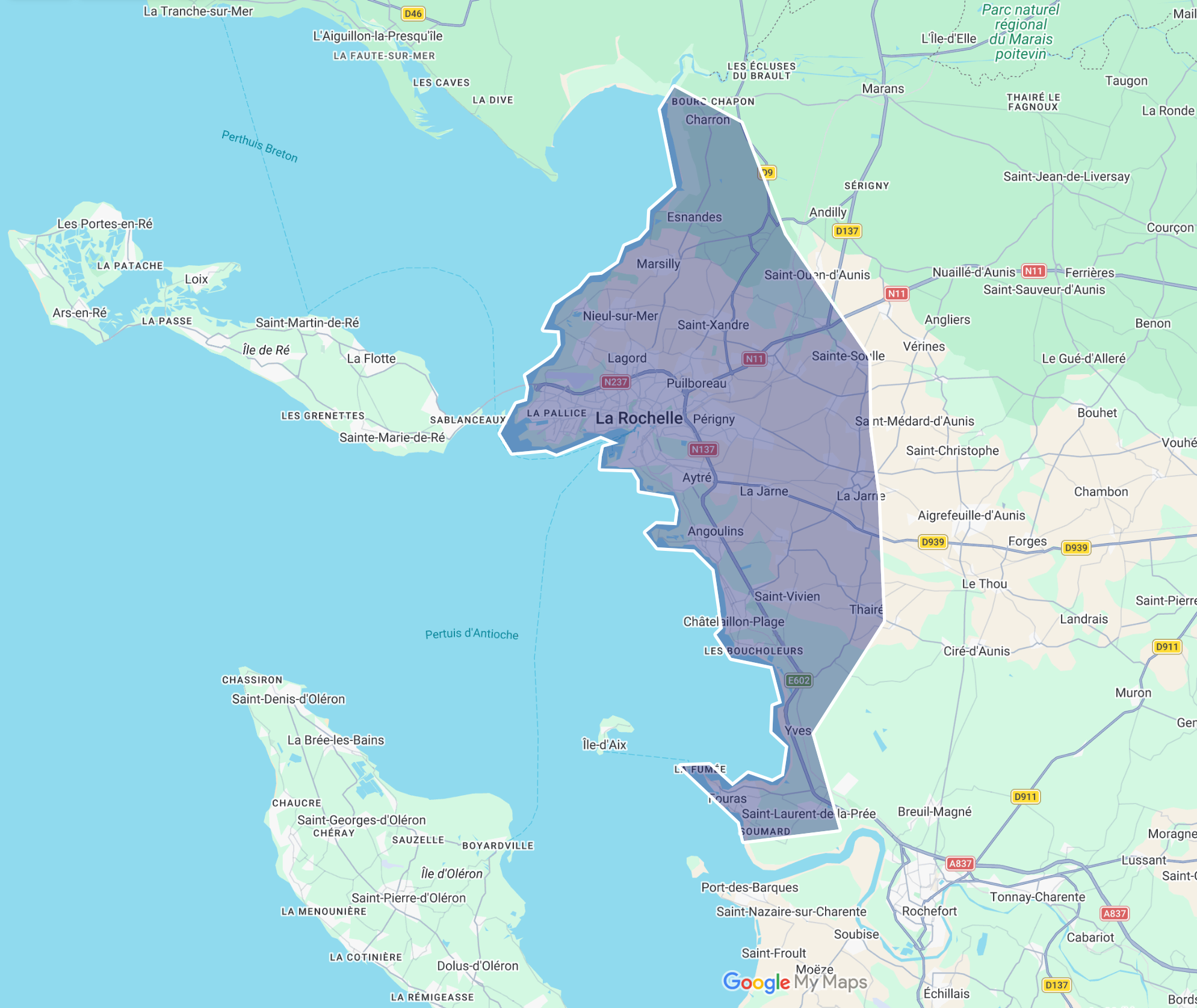 Carte de la zone couverte par les visites à domicile de SOS Médecins La Rochelle
